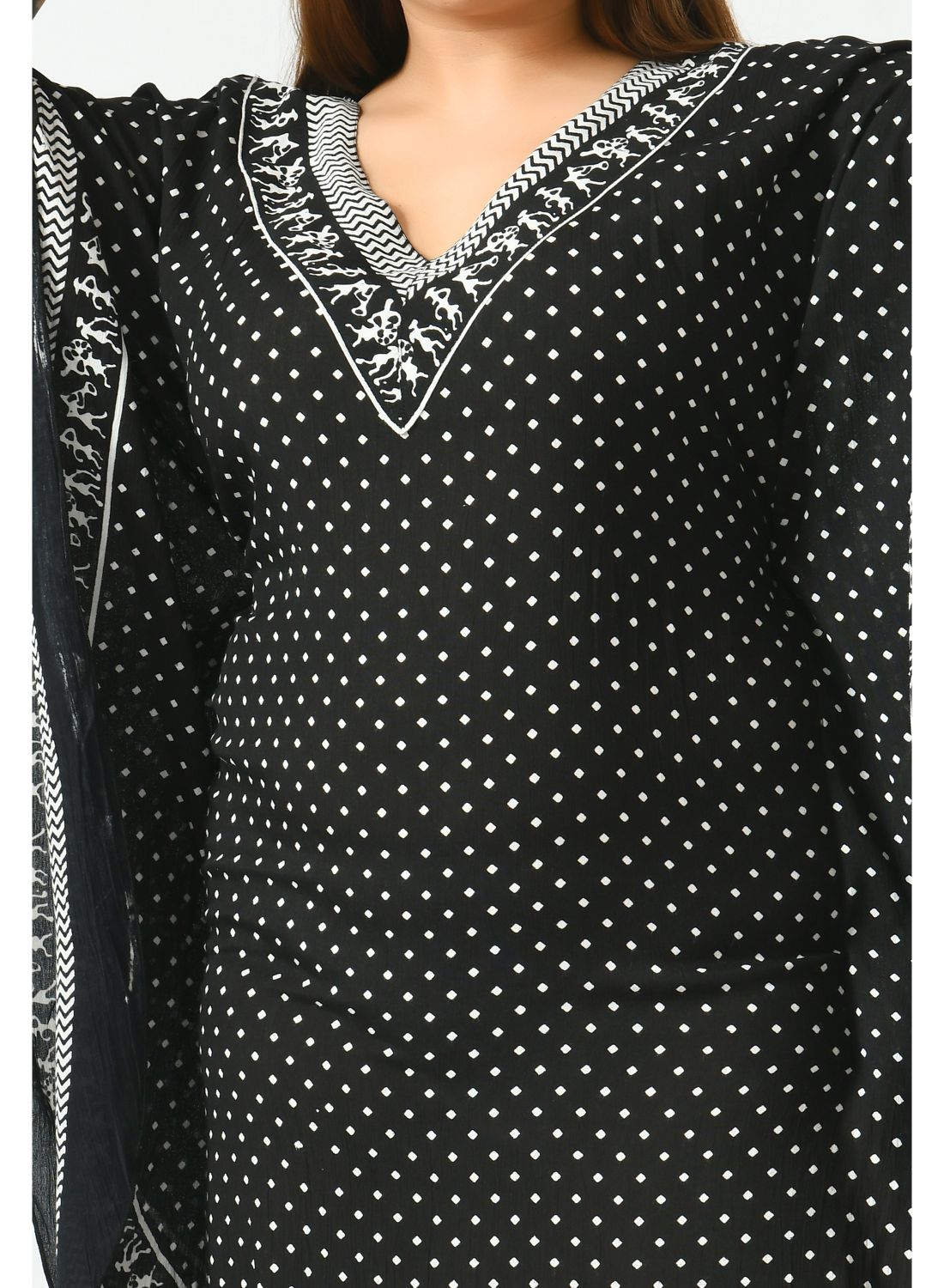Monochromatic tribal print dress with V-neck