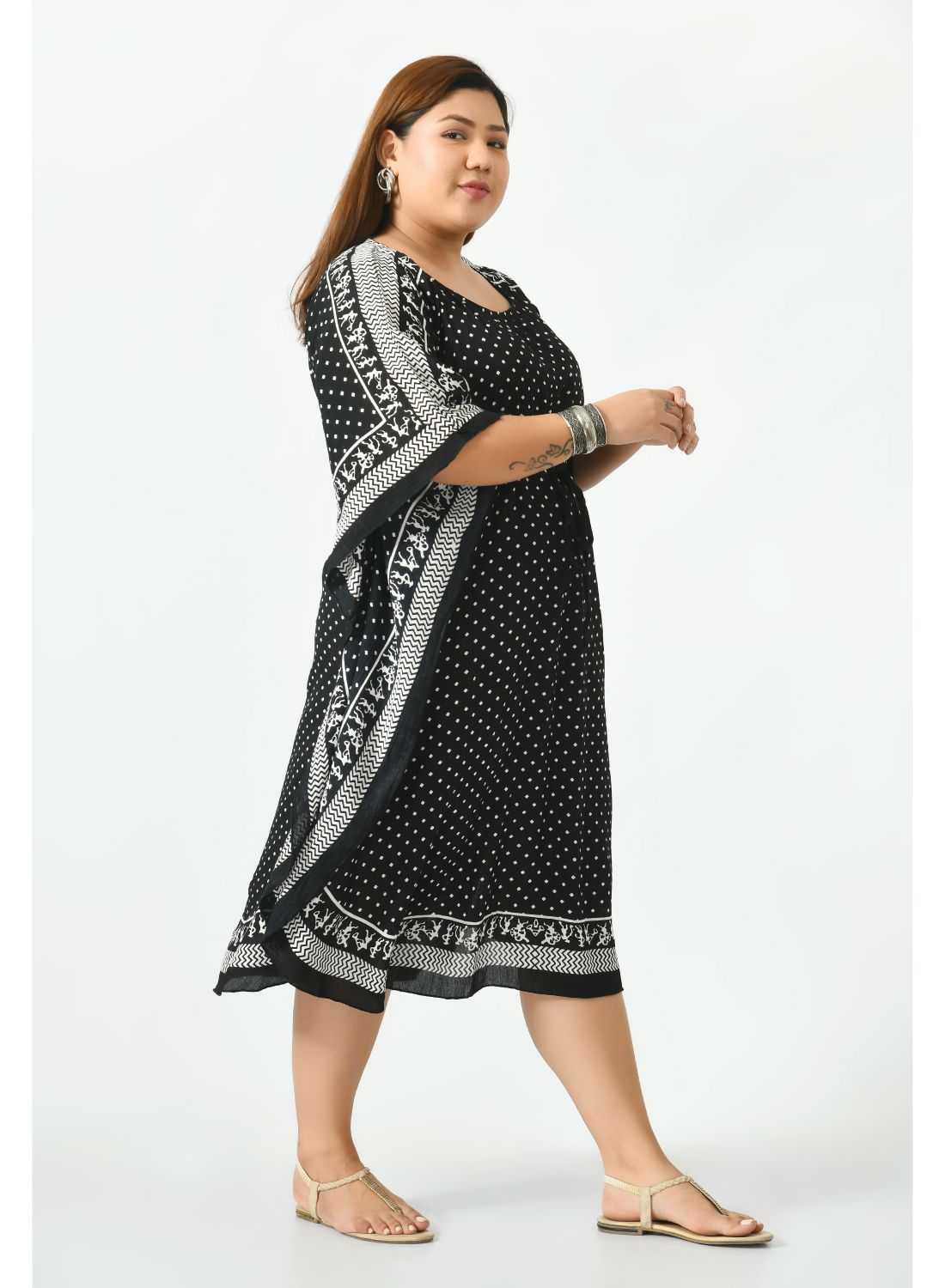 Monochromatic tribal print dress with V-neck