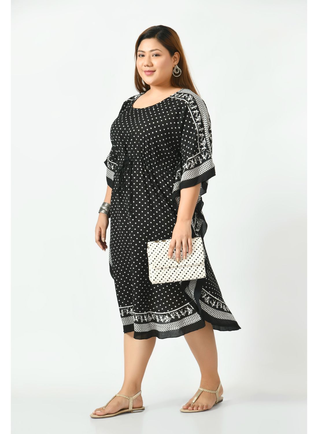 Monochromatic tribal print dress with V-neck
