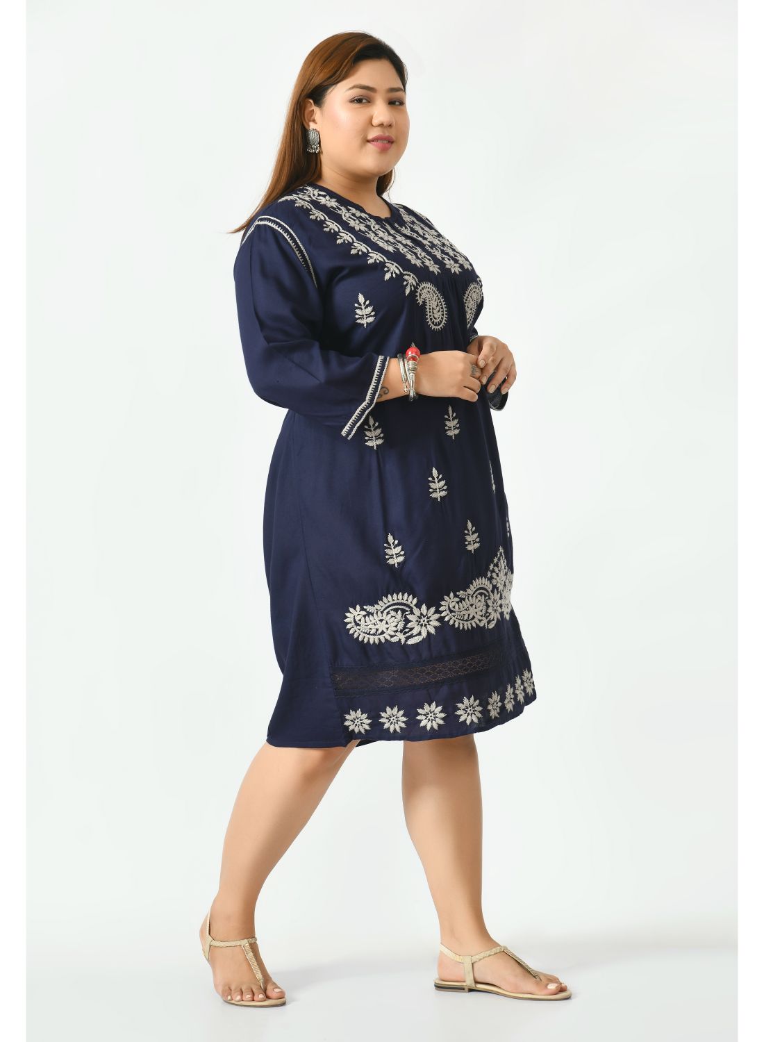 Navy Blue Ethnic Motifs Embroidered A-Line Dress Plus Size