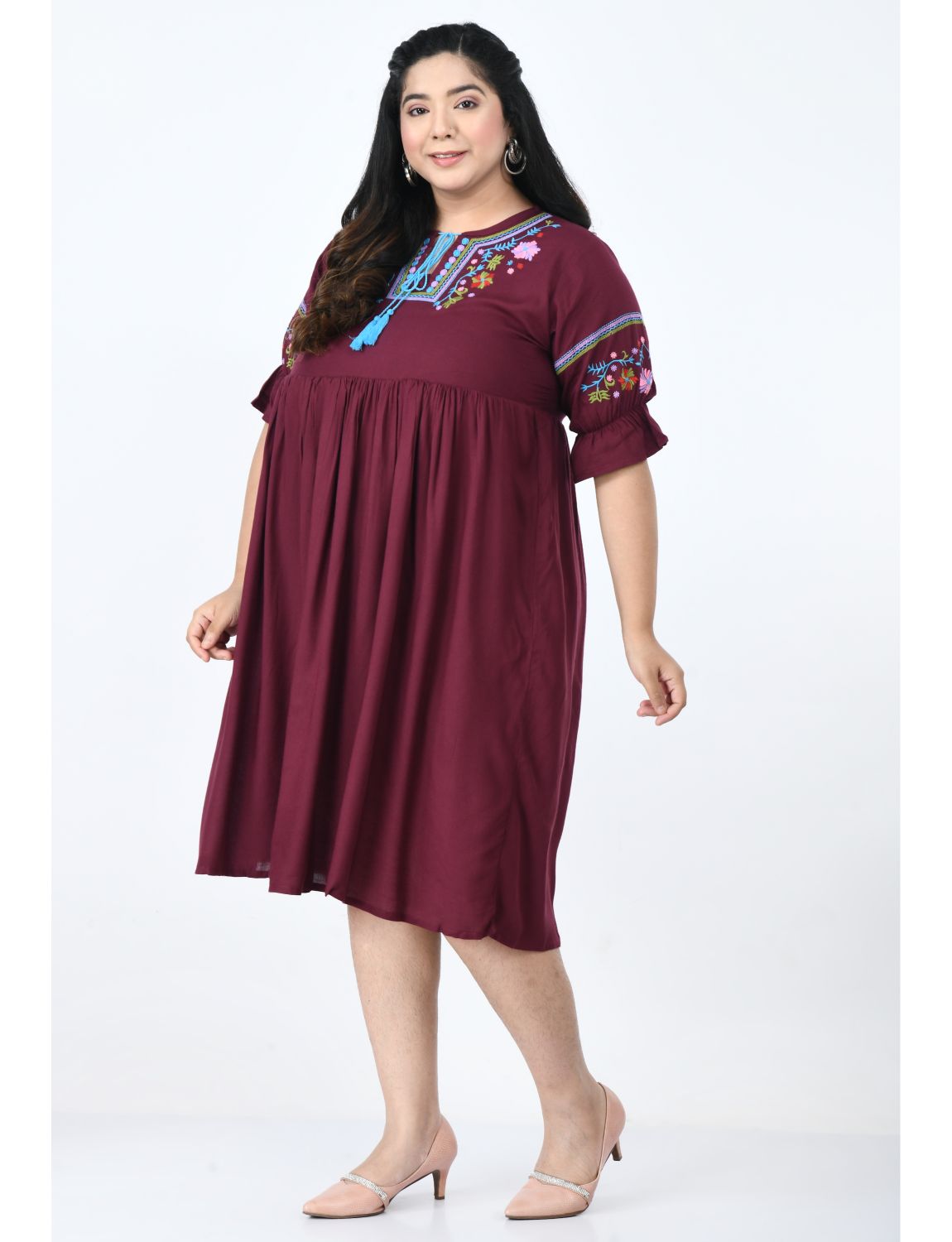 Floral Embroidered Tie-Up Neck A-Line Dress