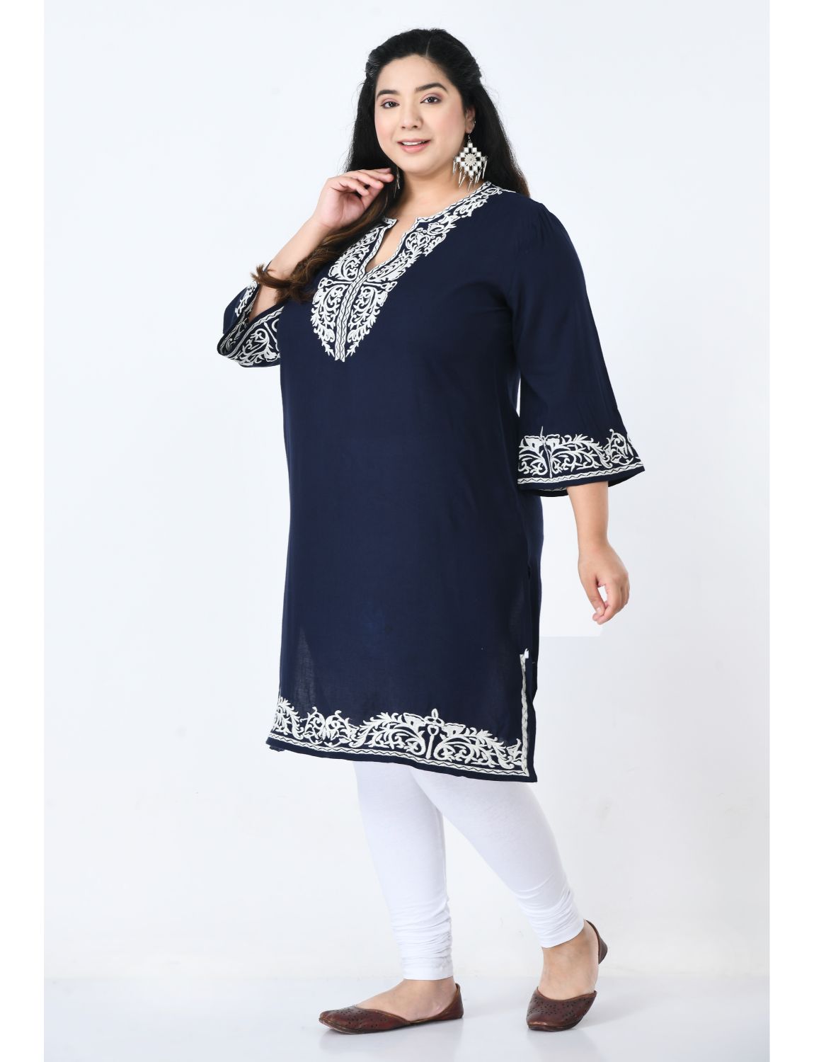 Paisley Embroidered Flared Sleeves Thread Work Indigo Kurta Plus Size