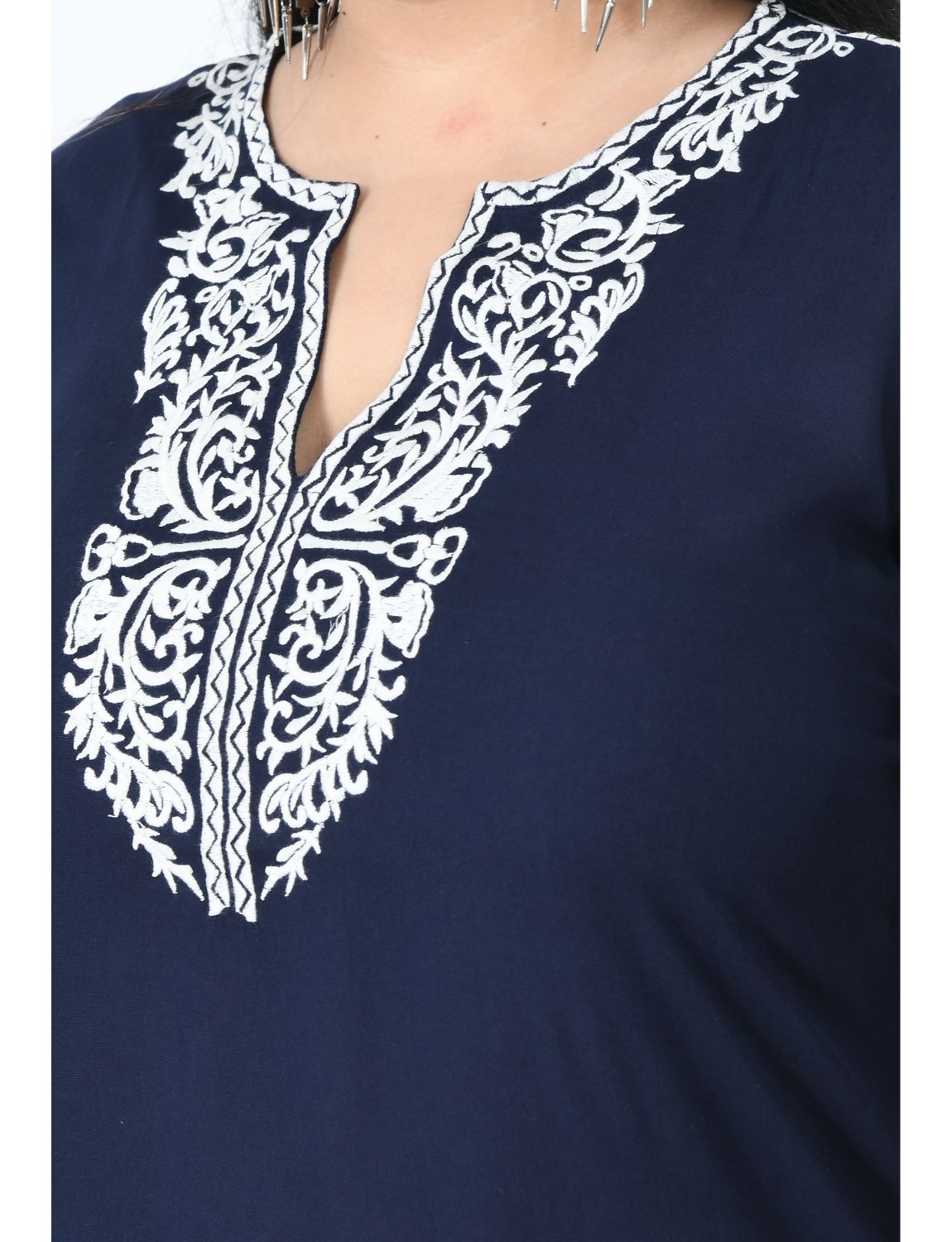 Paisley Embroidered Flared Sleeves Thread Work Indigo Kurta Plus Size