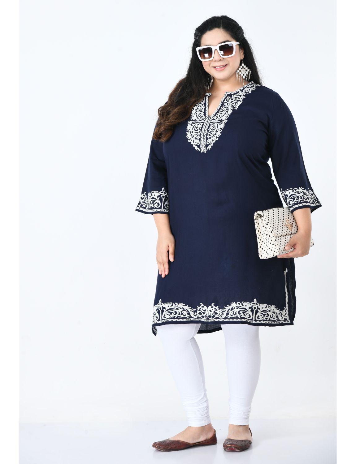 Paisley Embroidered Flared Sleeves Thread Work Indigo Kurta Plus Size