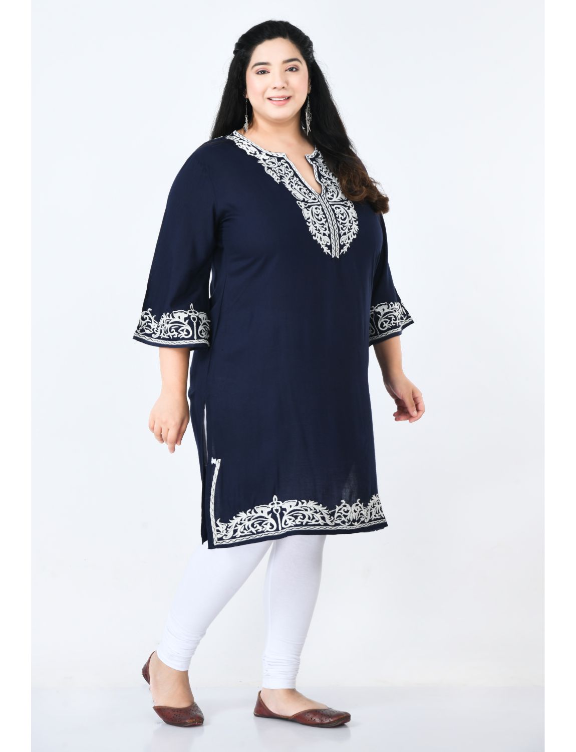 Paisley Embroidered Flared Sleeves Thread Work Indigo Kurta Plus Size