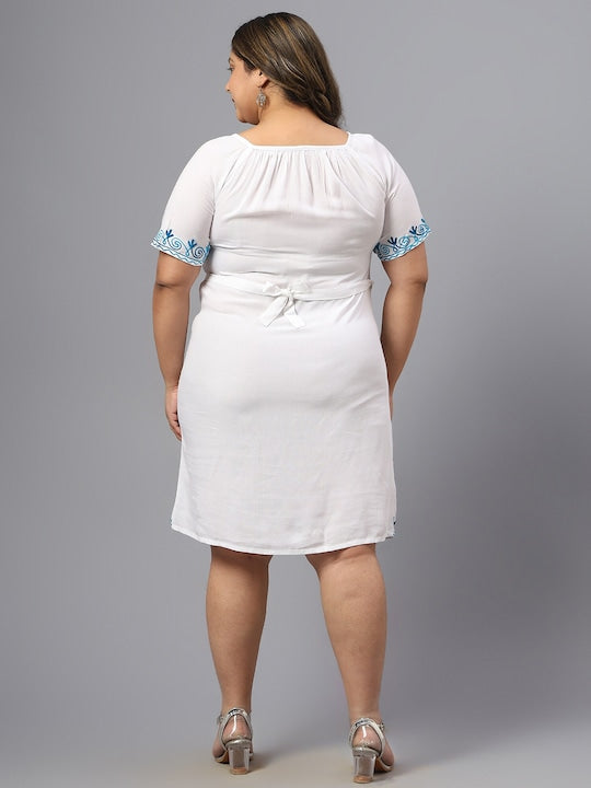 Plus Size Floral Embroidered Tie-Up Neck A-Line Dress