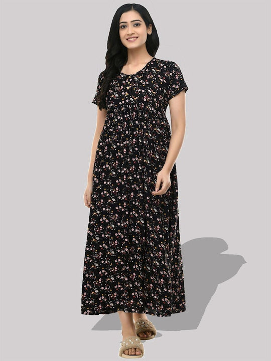 Floral Printed Gathered Maxi Empire Dress
