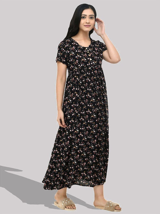Floral Printed Gathered Maxi Empire Dress
