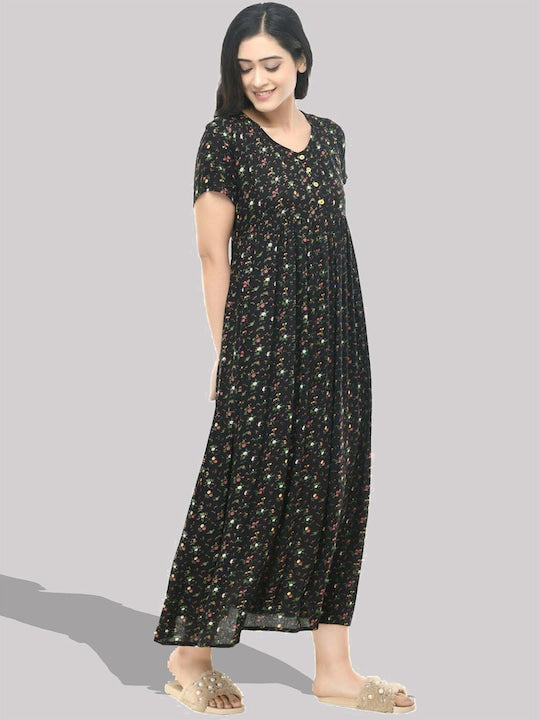 Floral Printed Gathered Maxi Empire Dress