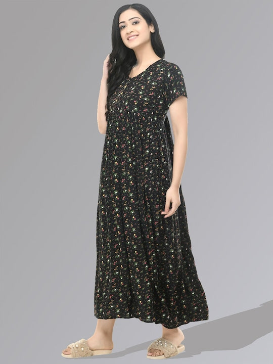 Floral Printed Gathered Maxi Empire Dress