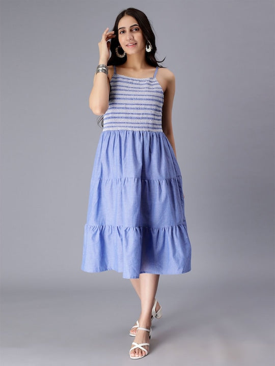 Shoulder Straps Sleeveless Pure Cotton Smocked & Tiered Fit & Flare Dress