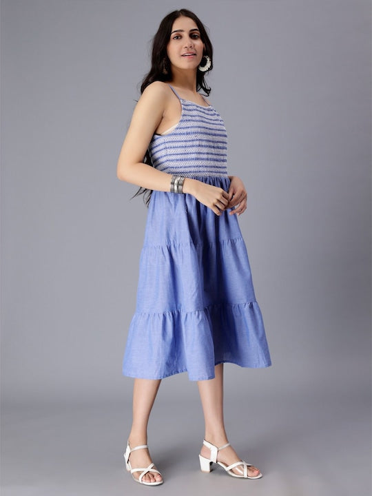 Shoulder Straps Sleeveless Pure Cotton Smocked & Tiered Fit & Flare Dress