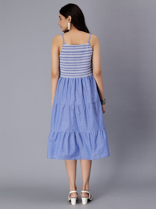 Shoulder Straps Sleeveless Pure Cotton Smocked & Tiered Fit & Flare Dress