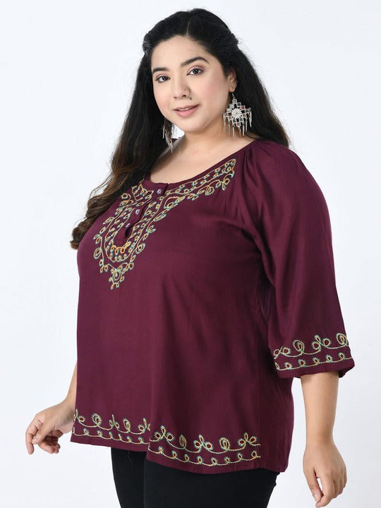 Plus Size Ethnic Motifs Embroidered Top