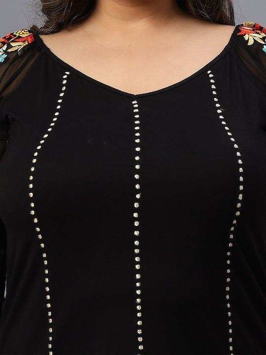 Plus Size Polka Dot Embroidered V-Neck Longline Pure Cotton Top