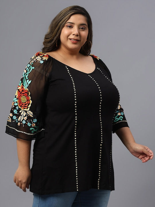 Plus Size Polka Dot Embroidered V-Neck Longline Pure Cotton Top