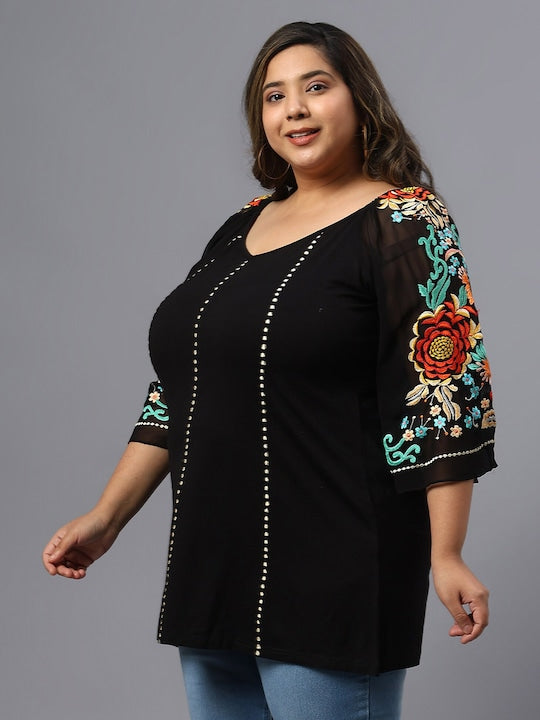 Plus Size Polka Dot Embroidered V-Neck Longline Pure Cotton Top