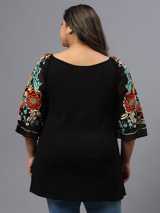 Plus Size Polka Dot Embroidered V-Neck Longline Pure Cotton Top