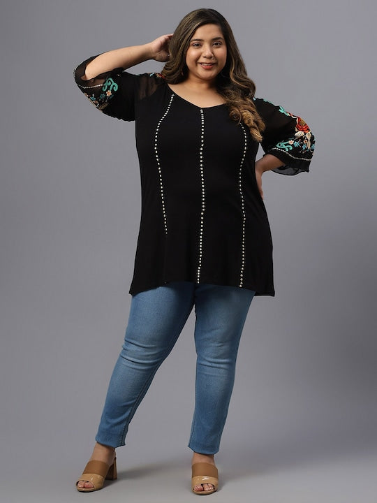 Plus Size Polka Dot Embroidered V-Neck Longline Pure Cotton Top