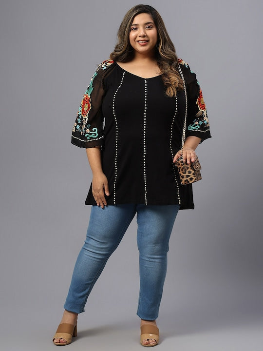 Plus Size Polka Dot Embroidered V-Neck Longline Pure Cotton Top