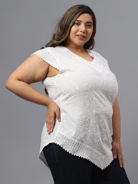 Plus Size Self Design V-Neck Cotton Top