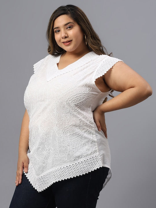 Plus Size Self Design V-Neck Cotton Top