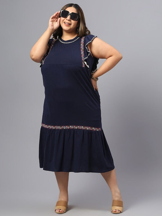 Plus Size Floral Embroidered Sleeveless Ruffles A-Line Midi Dress