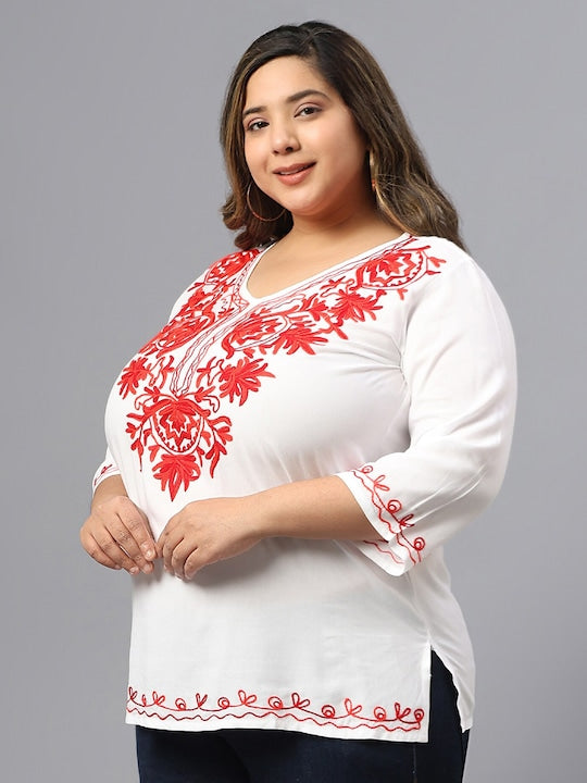 Plus Size Floral Embroidered V-Neck Cotton Top