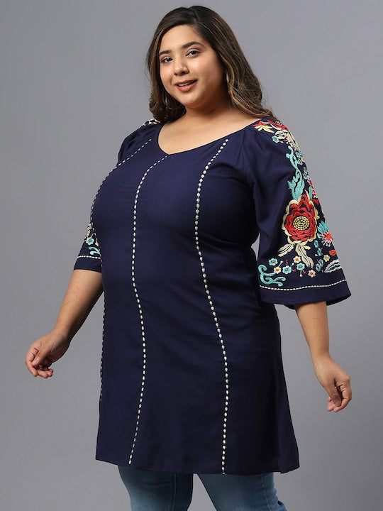 Plus Size Floral Embroidered V-Neck Cotton Longline Top