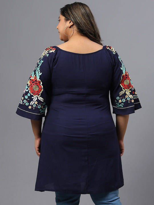 Plus Size Floral Embroidered V-Neck Cotton Longline Top