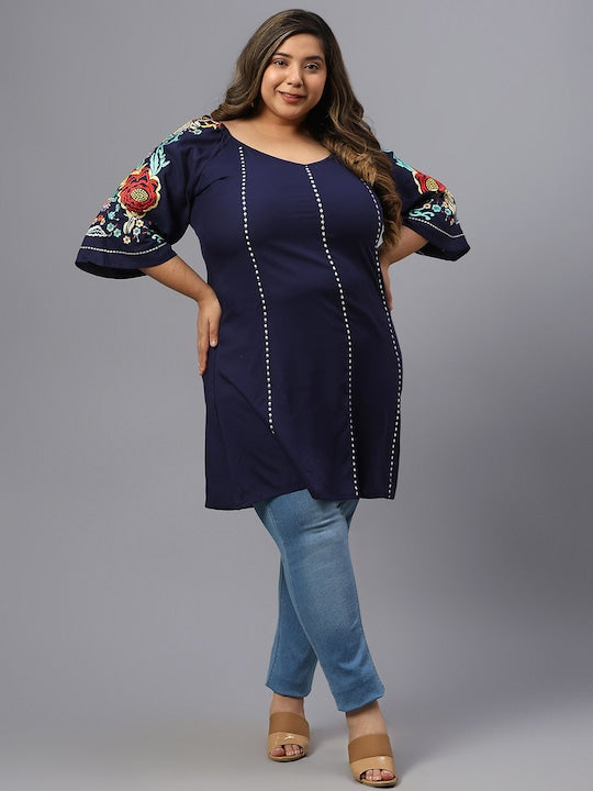 Plus Size Floral Embroidered V-Neck Cotton Longline Top
