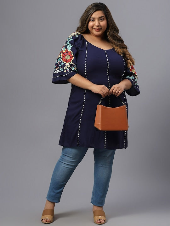 Plus Size Floral Embroidered V-Neck Cotton Longline Top