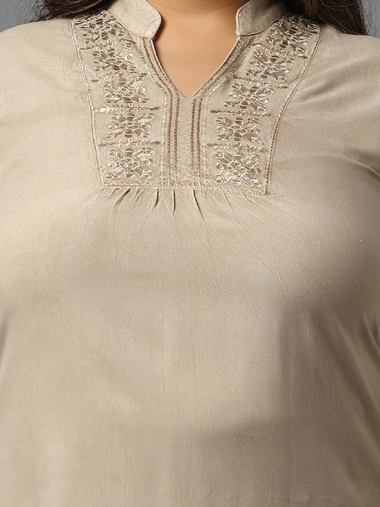 Plus Size Floral Embroidery Mandarin Collar Cotton Regular Top