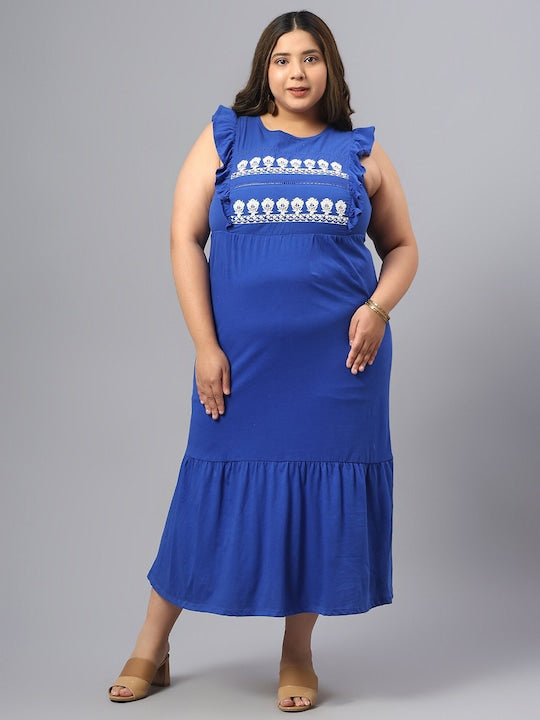 Plus Size Floral Embroidered Sleeveless Ruffles A-Line Midi Dress