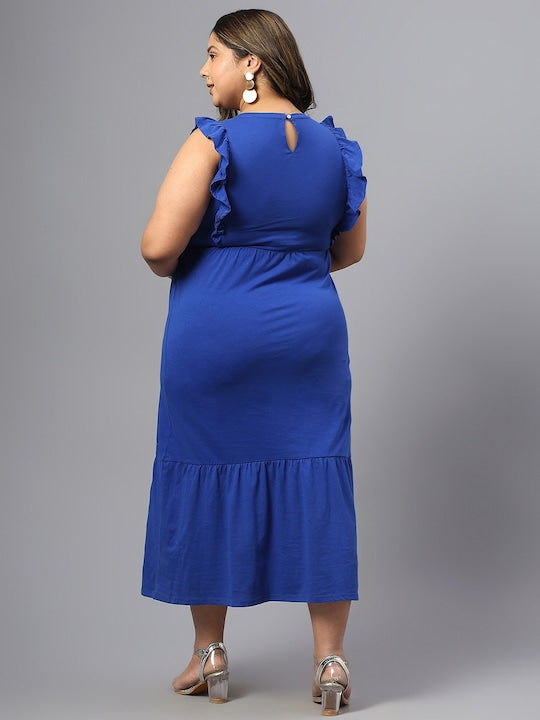Plus Size Floral Embroidered Sleeveless Ruffles A-Line Midi Dress