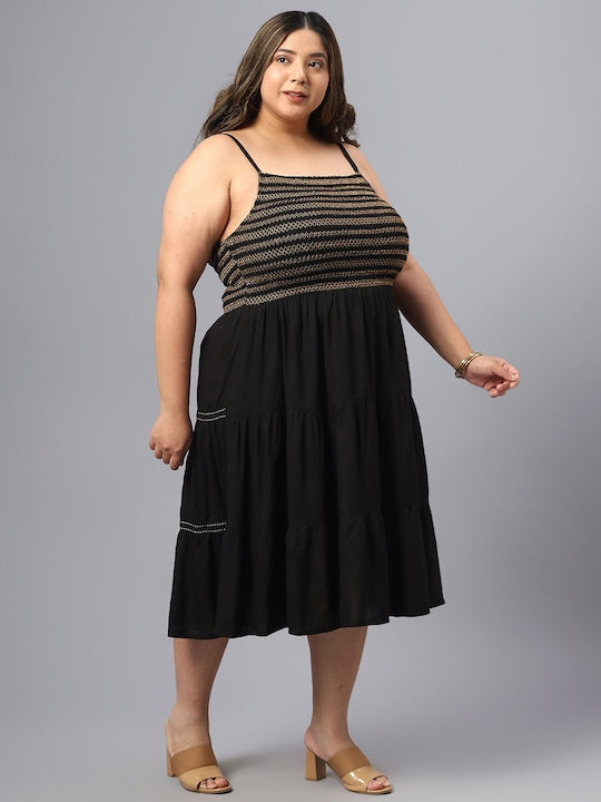 Plus Size Striped Shoulder Straps Gathered Fit & Flare Midi Dress