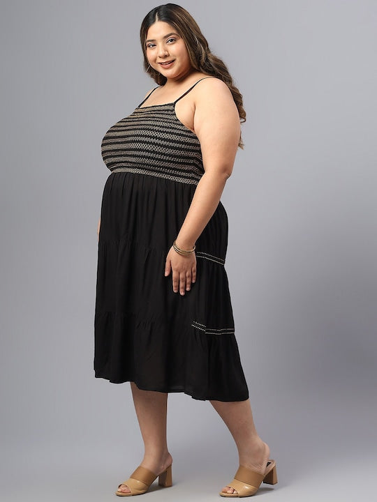 Plus Size Striped Shoulder Straps Gathered Fit & Flare Midi Dress