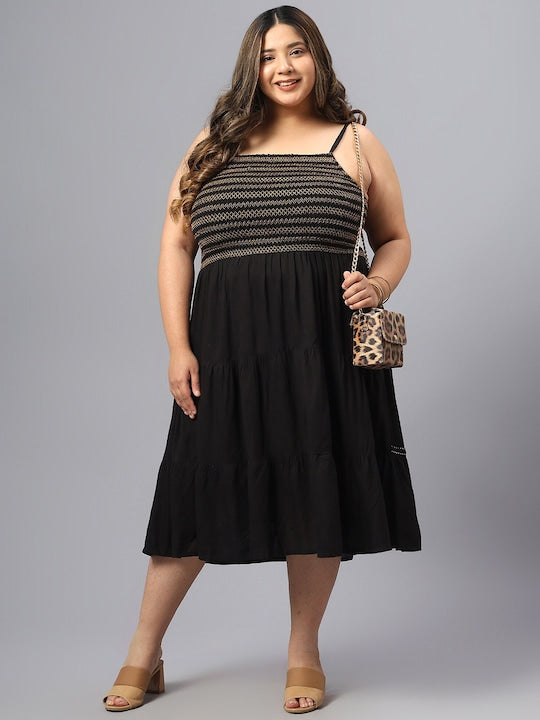 Plus Size Striped Shoulder Straps Gathered Fit & Flare Midi Dress