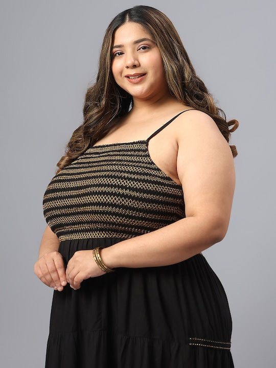 Plus Size Striped Shoulder Straps Gathered Fit & Flare Midi Dress