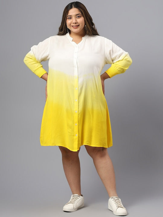 Plus Size Ombre Printed Mandarin Collar Cuffed Sleeves Shirt Dress