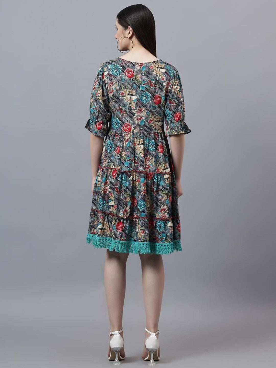 Floral Print Flared Sleeve Empire Dress