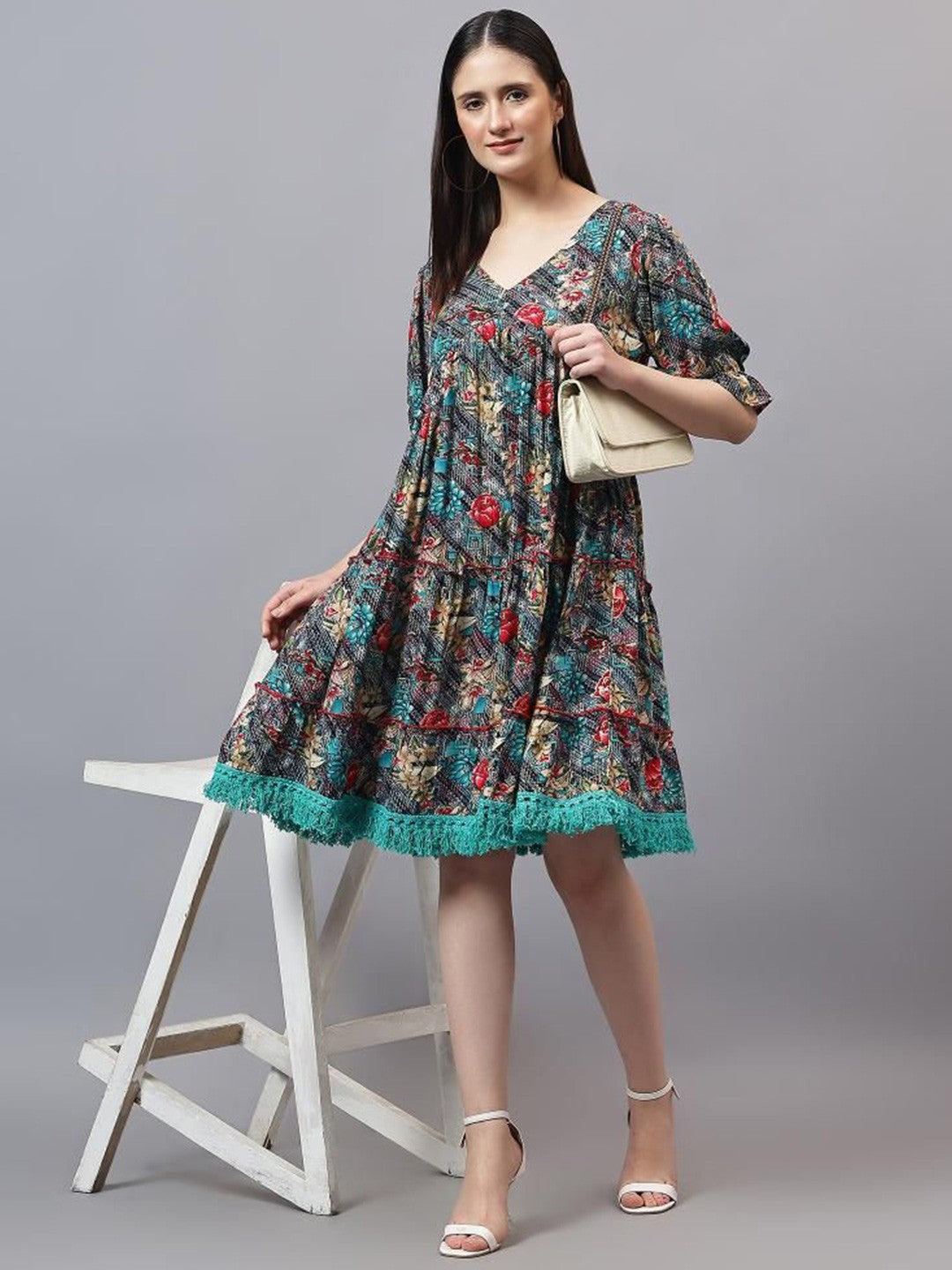 Floral Print Flared Sleeve Empire Dress