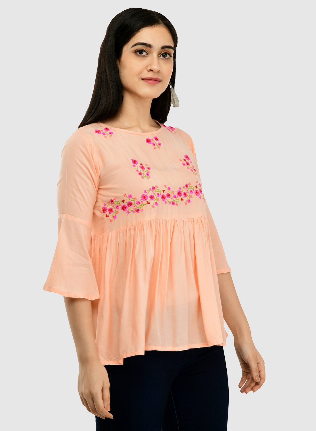 Women Peach Top Casual Bell Sleeves Floral Print