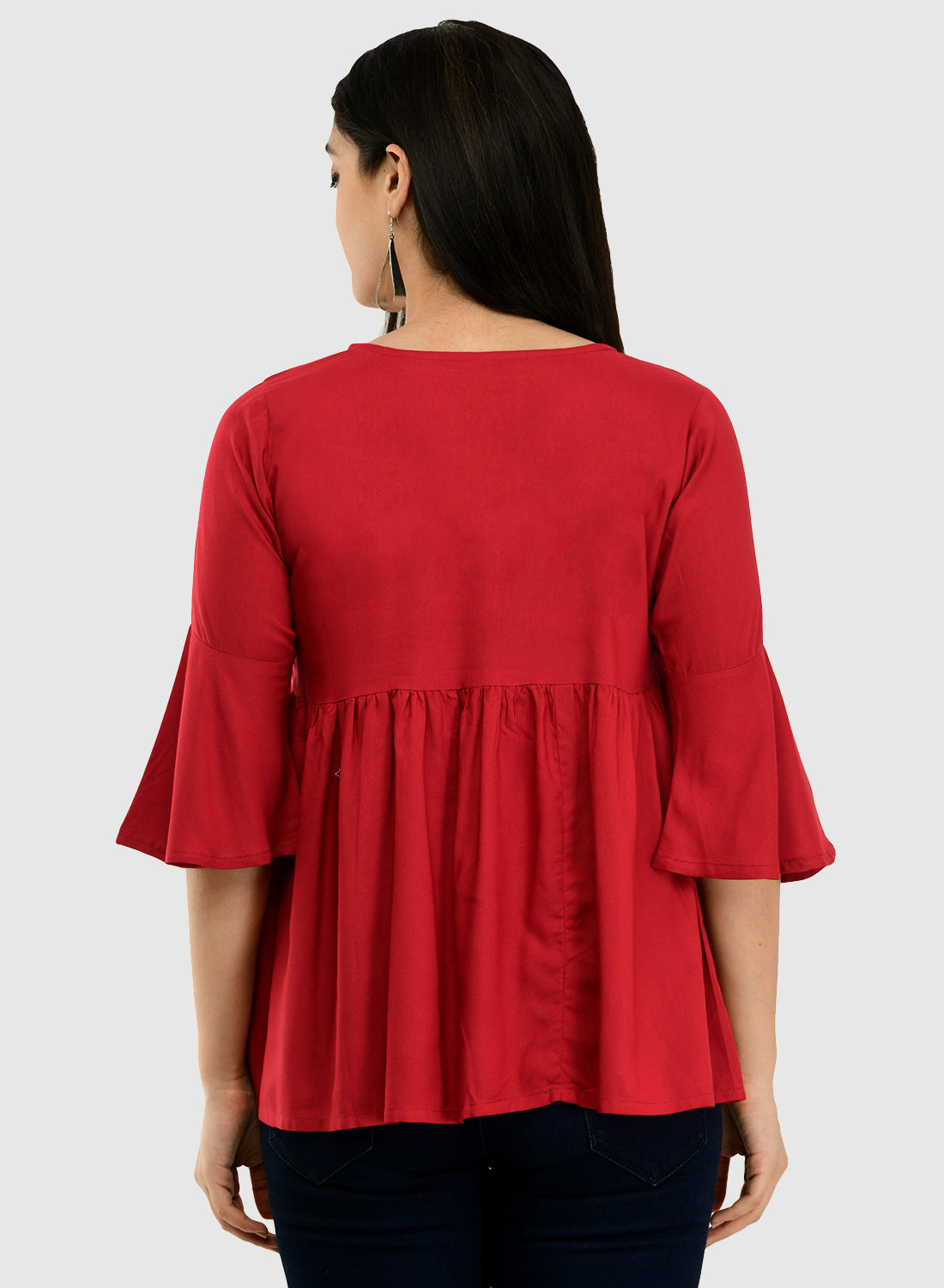 Women Maroon Top Casual Bell Sleeves Floral Print