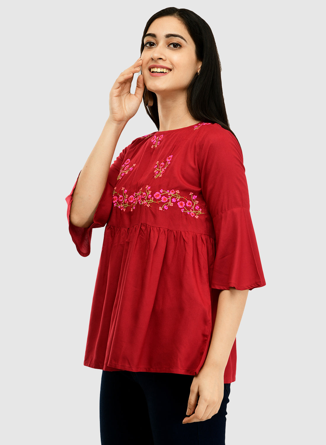 Women Maroon Top Casual Bell Sleeves Floral Print