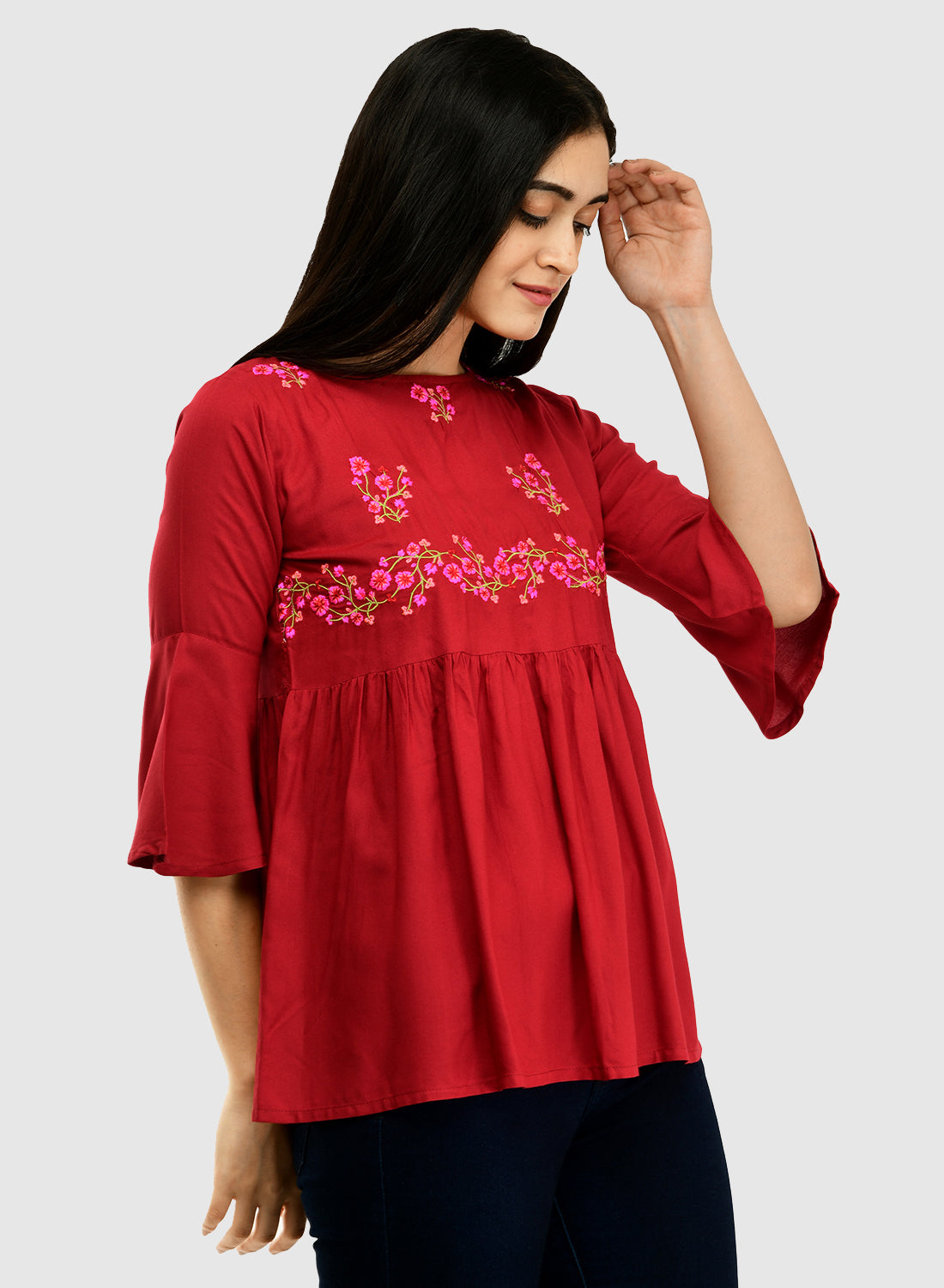 Women Maroon Top Casual Bell Sleeves Floral Print