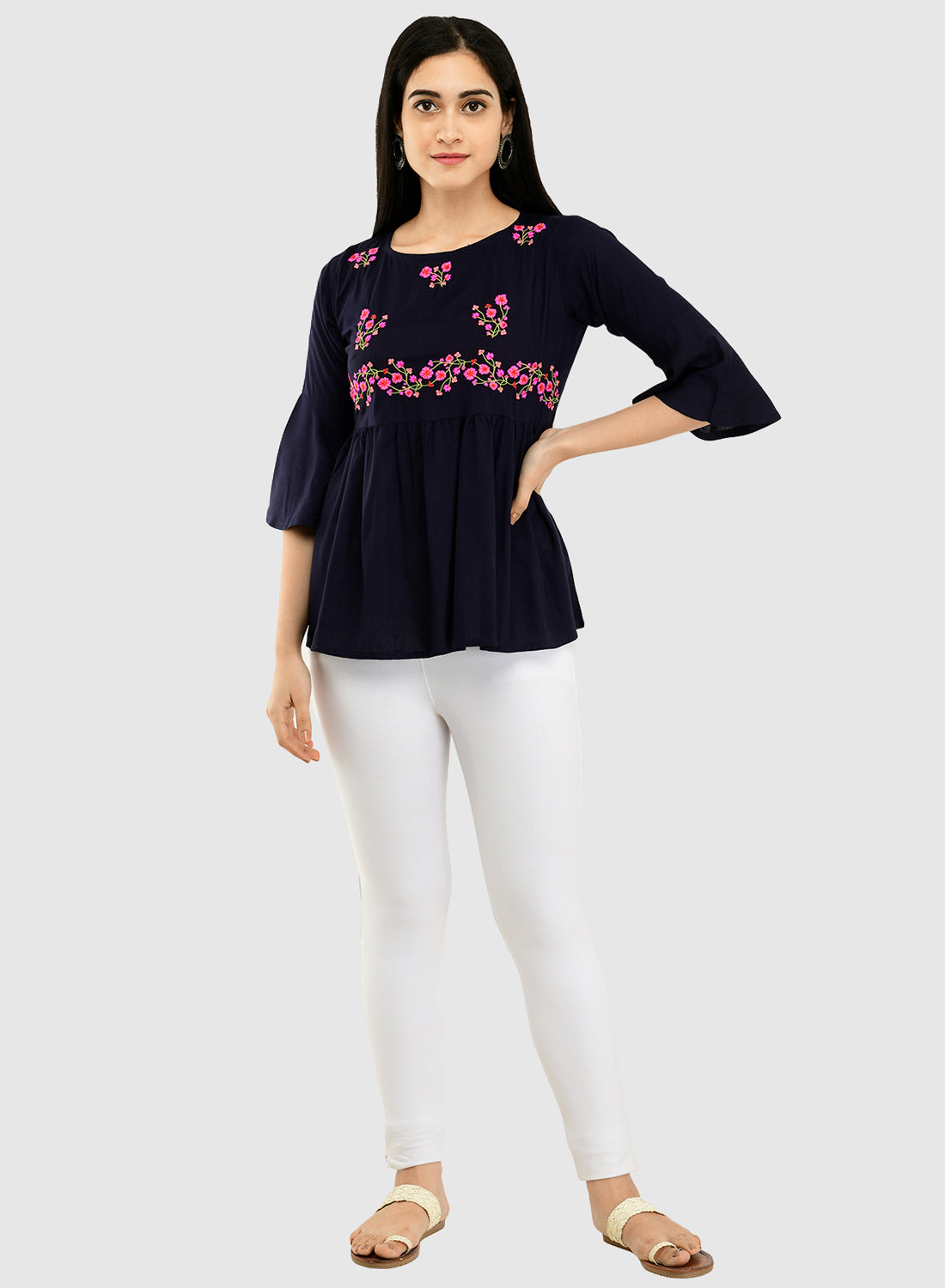 Women Navy Top Casual Bell Sleeves Floral Print