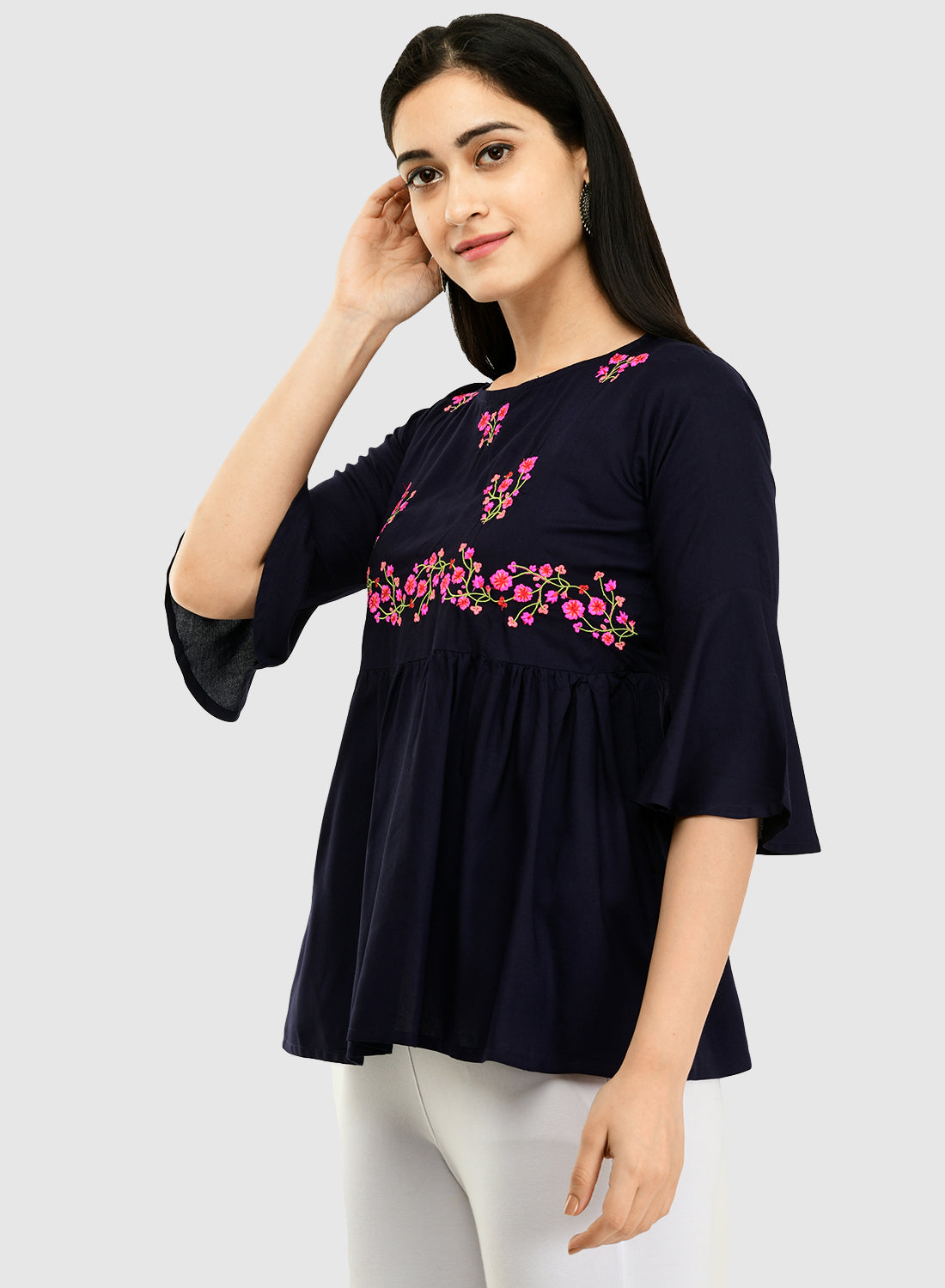 Women Navy Top Casual Bell Sleeves Floral Print