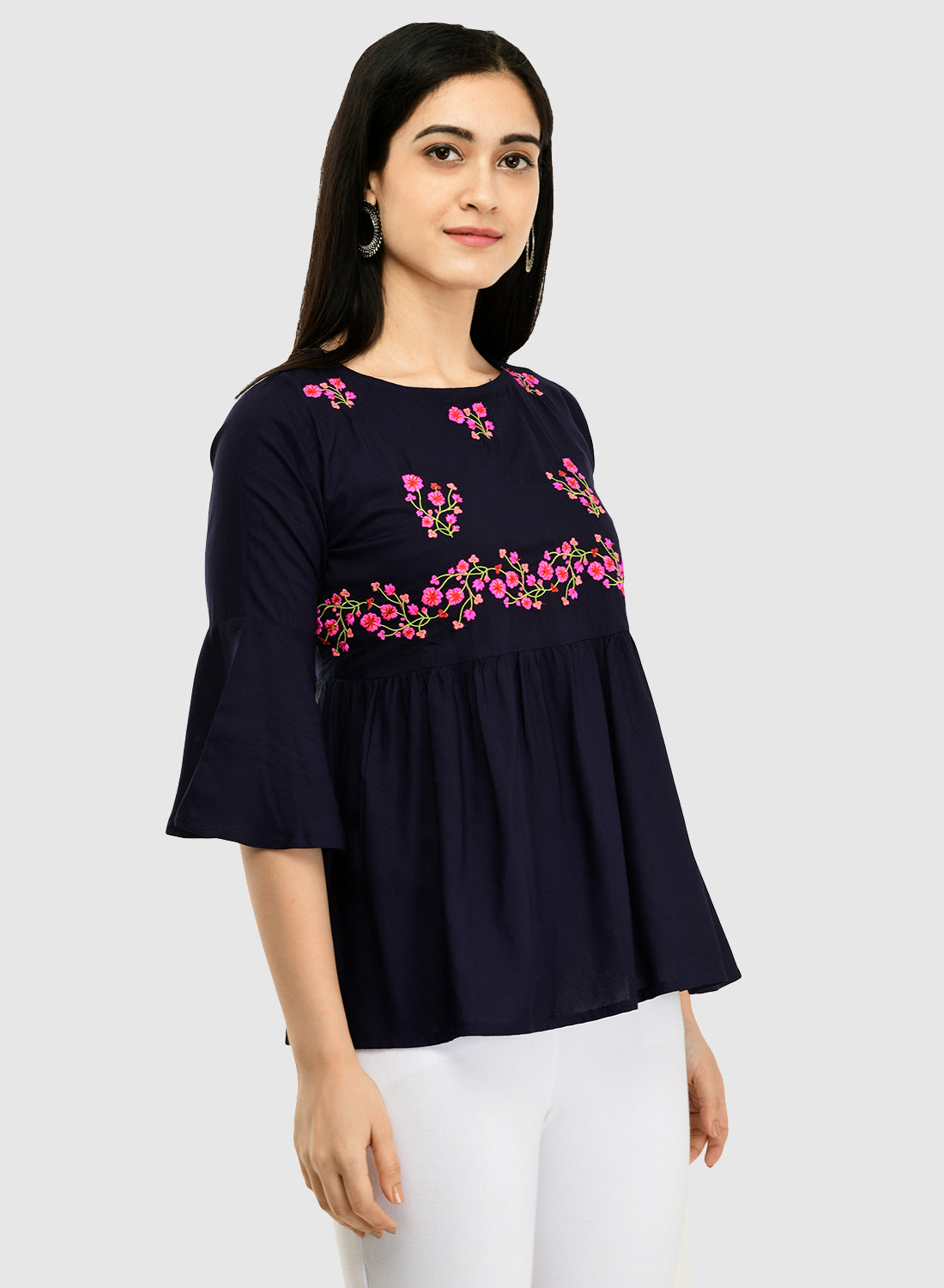 Women Navy Top Casual Bell Sleeves Floral Print