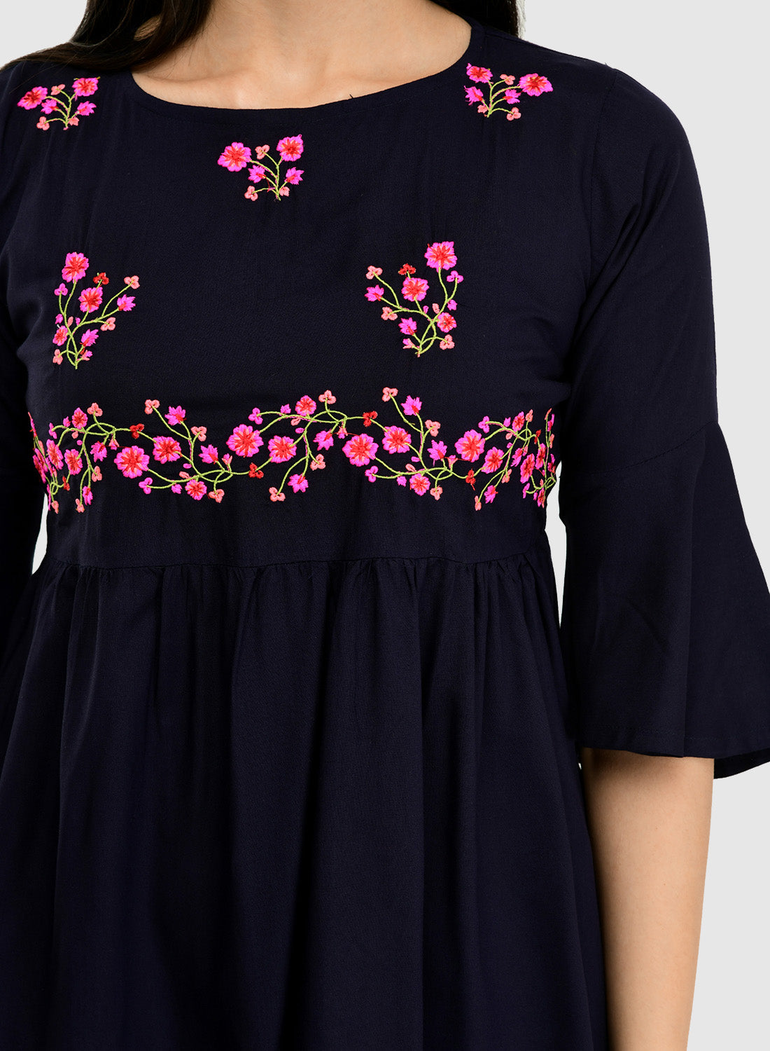 Women Navy Top Casual Bell Sleeves Floral Print